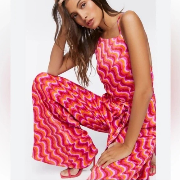 Forever 21 Pink and Red Wave Jumpsuit romper size Large - Picture 1 of 5